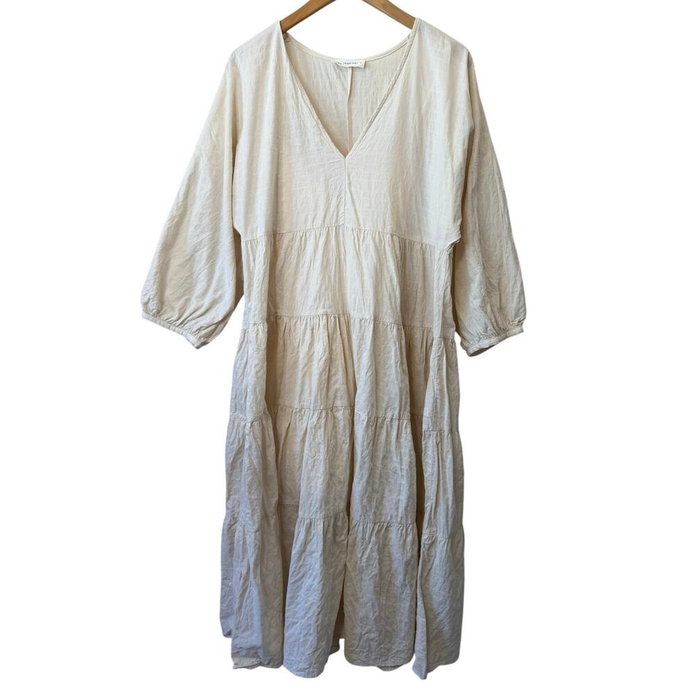 By Together Boho Cottagecore Tiered Peasant Midi Dress W/ Relaxed Puff Sleeves M